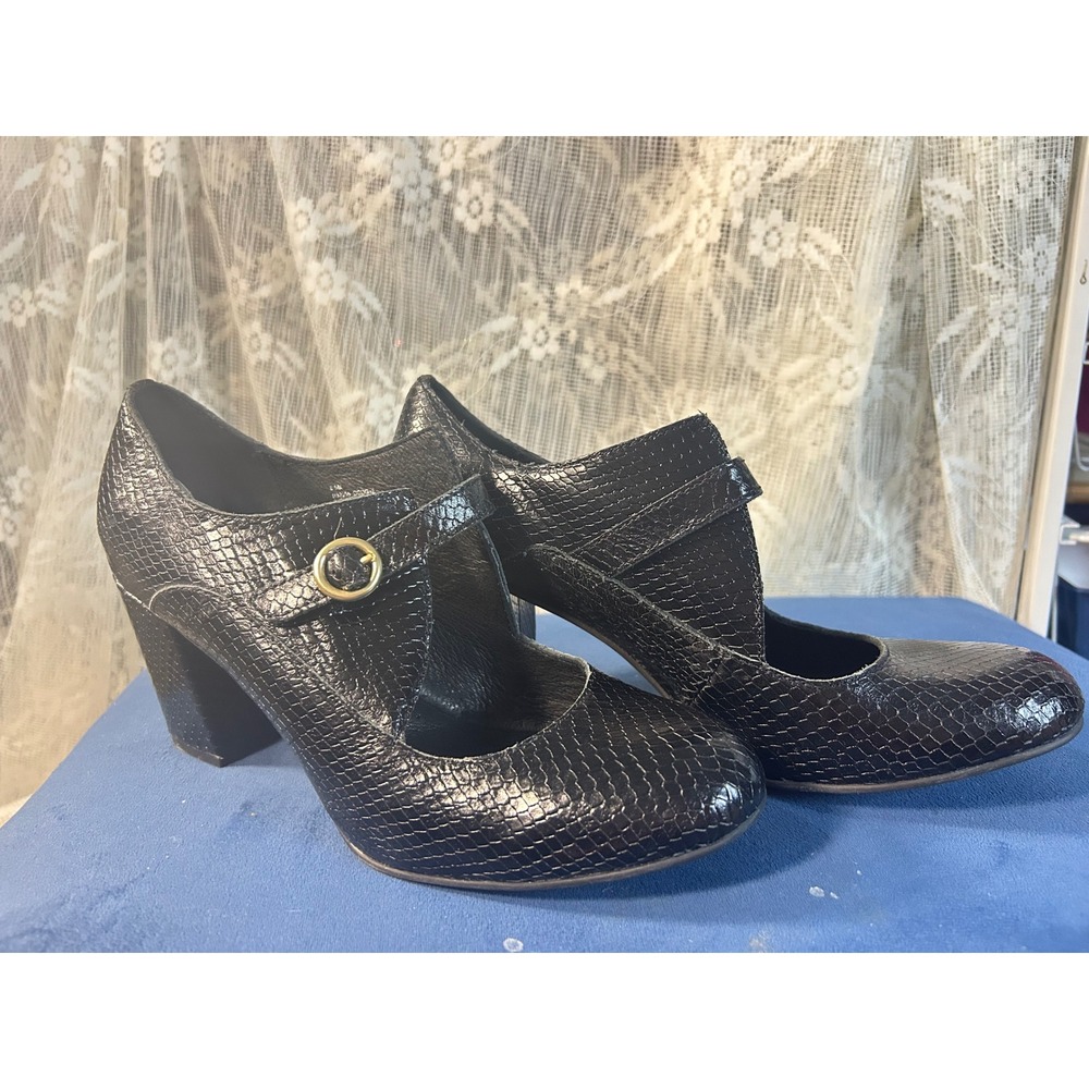 ONO Black Faux Snakeskin Mary‎ Jane Heels Women's Size 8.5 Block Heel Shoes